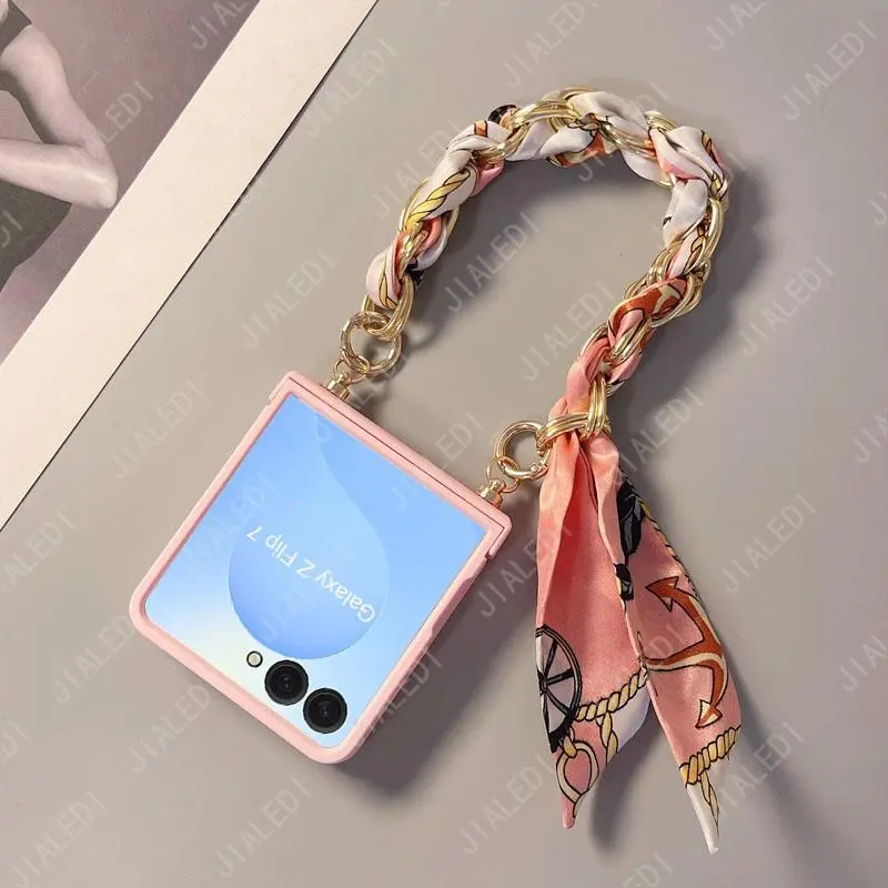 Silk Scarf Bracelet Chain Hinge Phone case For Samsung Galaxy Z Flip 7 6 5 4 3 flip6 zflip7 Cover