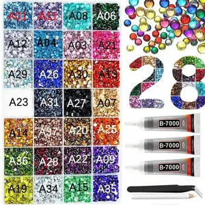 DIY 28 Grids Mixed Color Jelly Rhinestones Kit with Glue Pickup Pen and Tweezers 3/4/5mm Multi Size for Nail Art Jewelry Shoes Clothing and DIY Craft Decorations