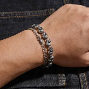 Punk Skull Beaded Bracelet - Adjustable Silver Biker Bracelet for Everyday Style