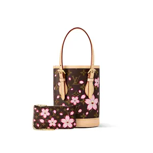 Louis Vuitton x Takashi Murakami Cherry Blossom Nano Bucket Bag for Women, Monogram Coated Canvas, Adjustable Strap, Brown