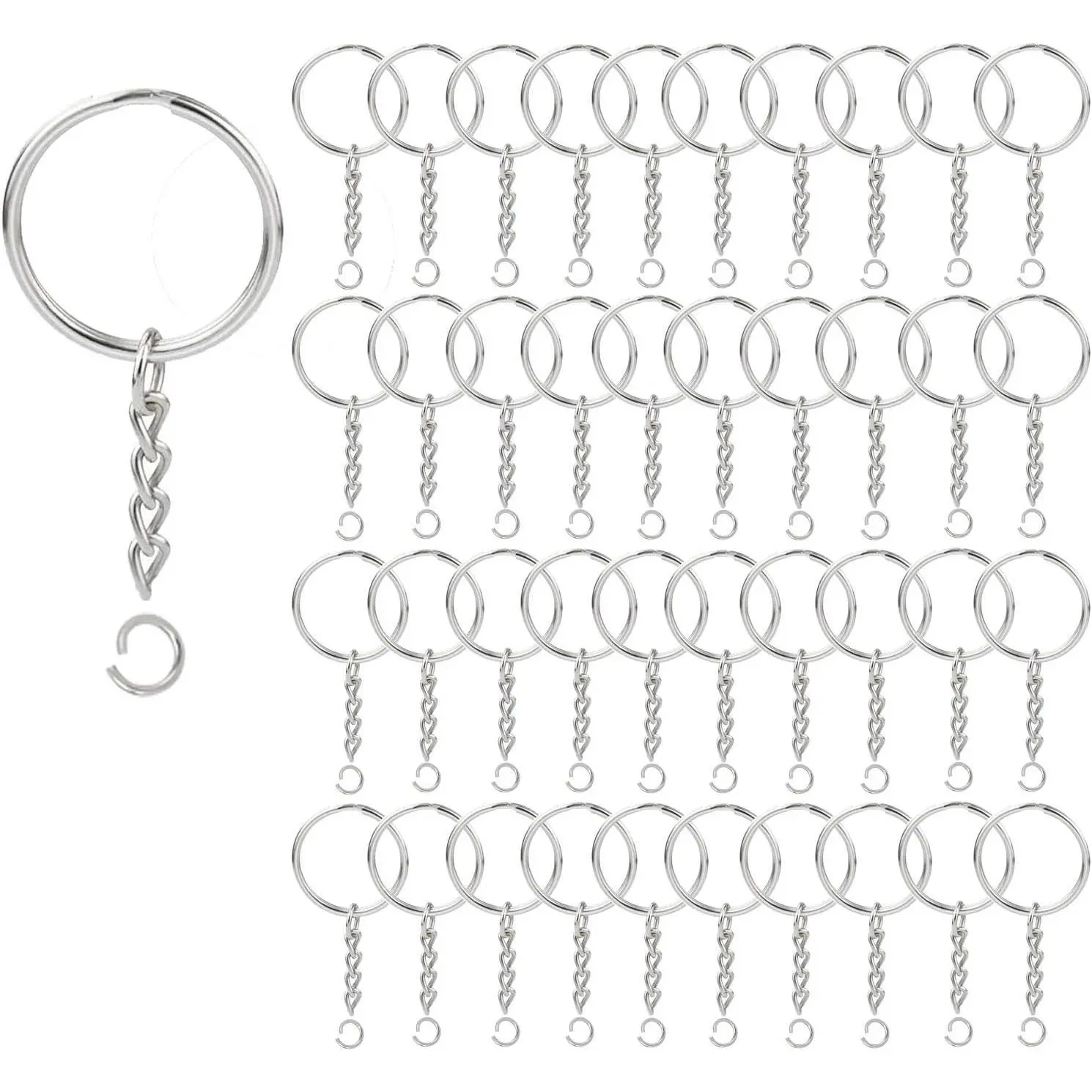 100 Pack Key Ring with Chain and Open Jump,1 inch Split Round  Rings Bulk for Craft Making