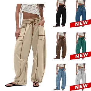Women's Barrel Sweatpants High Waisted Wide Leg Pants Drawstring Athletic Baggy Pants Lounge Sweats Colorblock Soft Fabric Comfortable Fit True to Size Vogue Design Basic Minimalist Bottom with Pockets