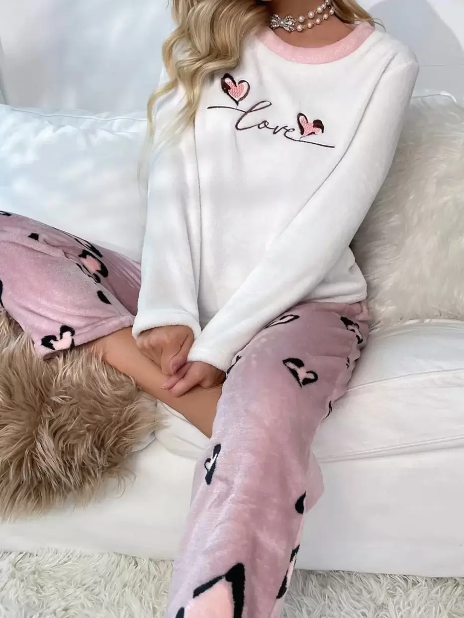 Women's Heart and Letter Embroidered Flannelette 2-Piece Pajama Set