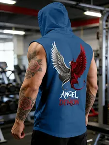 Summer Men's Angel & Demon Sleeveless Hoodie Vest, Fitted Design, Breathable Quick-Dry Sport Material, Casual Fashion, Fitness Workout Vest