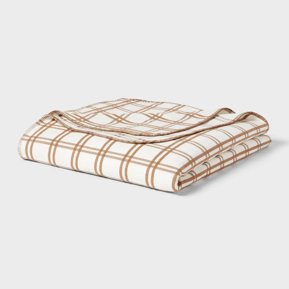 Full/Queen Brushed Cotton Blanket Ivory/Brown Plaid - Threshold
