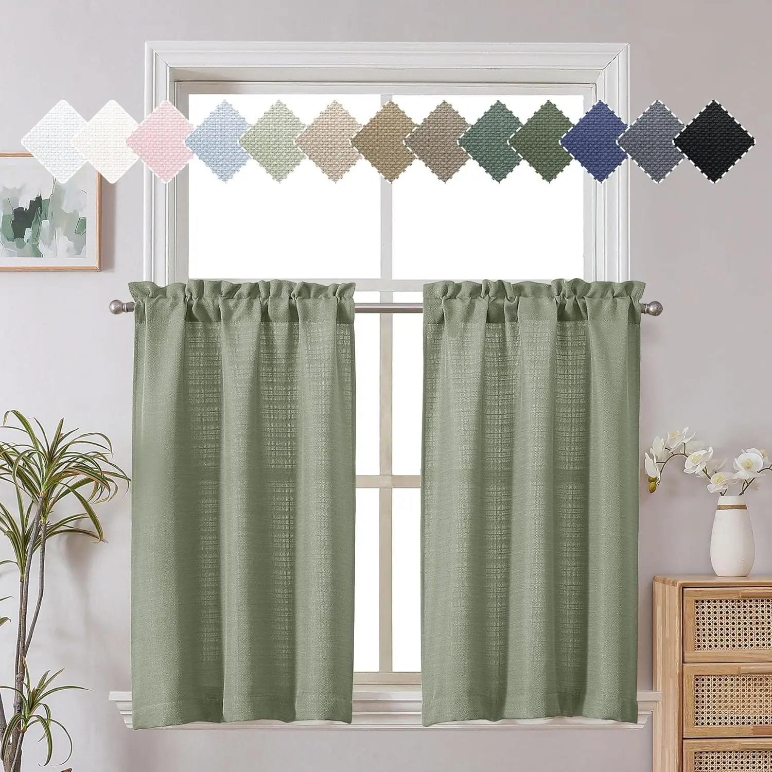 Bennet Light Green Kitchen Curtains Tier 36 Inch Length, Faux Linen Textured Small Cafe Curtains, Light Filtering Short Window Curtains for Porch Bathroom, 30x36 inch, 2 PCS