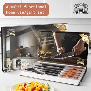 7-PC Kitchen Knife Set Wave-Edge Blades Ergo Wood-Grip  Dishwasher Safe + Anti-Stick Design | Gift Box for Home Chefs