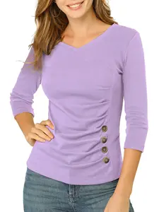 INSPIRE CHIC V Neck Blouse 3/4 Sleeves Solid Knitted Buttons Decor Ruched Top