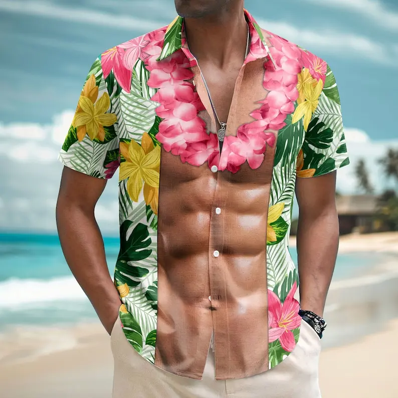 Funny Abs Aloha Tropical Flowers Hawaiian Shirt, Summer Men Beach