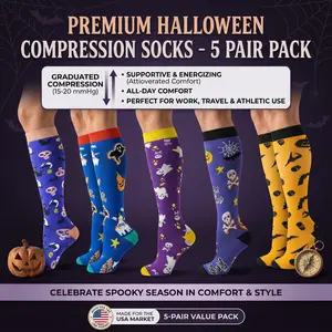 5 Pairs Halloween Compression Socks for Women & Men 20-30mmhg High Knee Support for Running Nursing Travel Jogging Hiking All-Day Comfort Lightweight Breathable Fabric Multi-Functional Compression Socks Festive Patterned