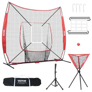 VEVOR 7x7 ft Baseball Softball Practice Net, Portable Bow Frame Backstop Equipment with Carry Bag, Strike Zone, Ball, Adjustable Tee, Ball Collector for Hitting & Catching