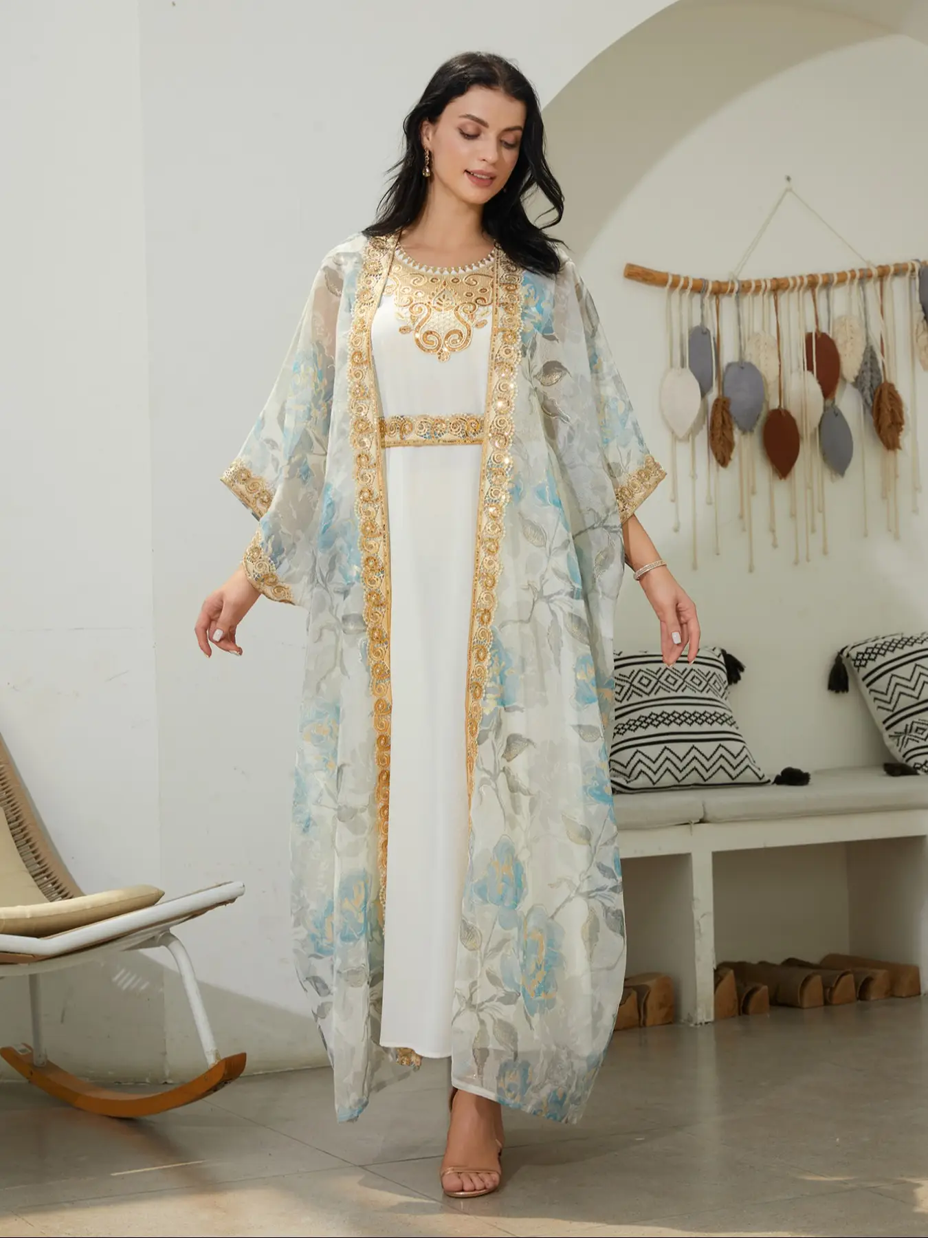 Traditional Middle Eastern Style Sequined Lace Two-Piece Chiffon Dress Abaya Long Robe for Arab Women, Elegant and Stylish Loose Abayas