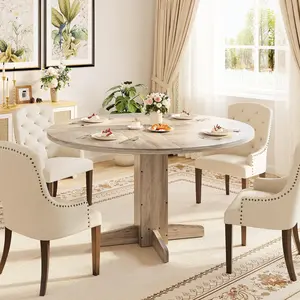 Garvee 47-Inch Round Farmhouse Dining Table with Sturdy Pedestal Base in Grey Wood, Seats 4-6, Ideal for Kitchen, Dining Room, or Apartment Living