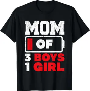 Men's & Women's Cotton Short-Sleeve Graphic Round Neck Tee Top - "Mom Of 3 Boys And 1 Girl Battery Low" Digital Heat Transfer, Casual All-Season Tshirt