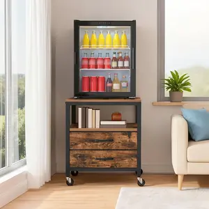 Mini Fridge Stand, 4-Tier Mobile Printer Stand, Mini Fridge Table on Wheels, Mini Fridge Cabinet with Storagefor Kitchen, Rolling Fridge Cart with 2 Drawers, Rustic Brown and Black RSHR5001