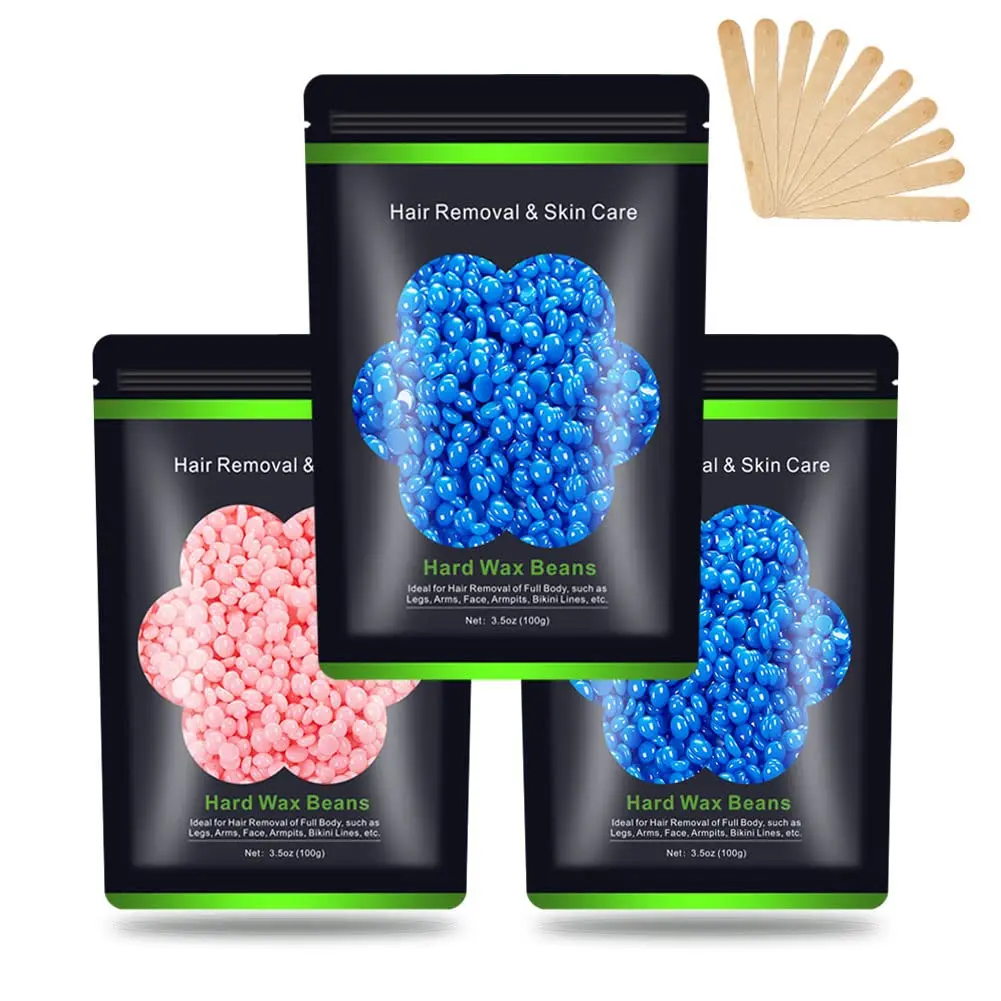 Hard Wax Beads Hair Removal Kit - 3 Packs (10.5 oz/300g Total), Sensitive Skin-Friendly, Painless for Women, Includes 10 Wax Sticks (Brazilian, Bikini Use)