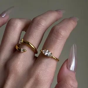Inspire Aesthetics Chic Two Piece Stackable Ring Set Sparkly Marquise Zircon Open Adjustable Gold Ring Perfect Minimalist Gift for Her