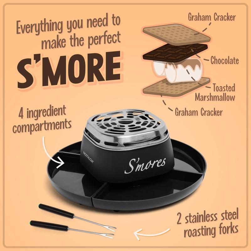 Indoor Electric Stainless Steel S'mores Maker with 4 Compartment Trays & 2 Roasting Forks for Perfect Golden Brown S'mores