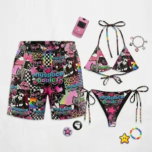 Matching Swimwear for Couples – Retro 2010 Era Inspired Bikini & Swim Shorts Set, Y2K Cartoon Aesthetic Beachwear, Cute Summer Vacation Outfit, Unisex Vacation Swim Set, Trendy Beach Style Apparel