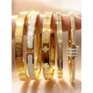 Women's 5-Piece Stackable Bracelets Set - Waterproof, Roman Numerals, Cubic Zirconia Costume Jewelry, Layered Look - Daily Fashion Accessories, Gift-Ready for Parties