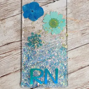 Blue Flower & Glitter Badge Buddy for Medical Professionals. RN Nurse Badge Buddy. Acrylic and Resin Glitter Badge Buddy