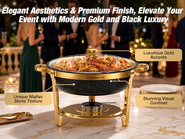 WARMOUNTS 9QT Gold Round Chafing Dishes Display Set - Maifanite-Coated Stainless Steel Food Warmers with Glass Lid Holder, Rolled-Edge Design, Stackable Storage for Catering Events, Maifanite Coat, Round Shape