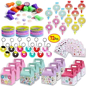 72 Pcs Donut Party Favors, 12 Sets of Treat Box Stampers Keychain Blow out Stickers Wristband for Birthday Supplies