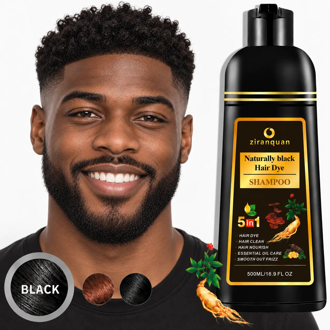 5-in-1 Black Hair Dye Shampoo for Men & Women, 500ml Semi-Permanent Color, 10-Min Wash-In Gray Coverage, Ginseng & He Shou Wu, Ammonia-Free Gentle Herbal Formula, At-Home Hair & Beard Tint with Long-Lasting Fade-Resistant Scalp Care, Black Hair Dye Shampo