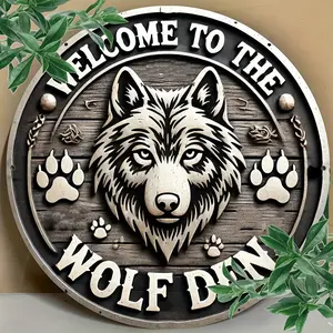 1pc "Wolf Den Welcome" Vintage Aluminum Wall Art - 8x8 Inch | Rustic Wolf & Paw Print Design, Easy to Hang, Durable Metal Decor for Home, Office, Bar, or for Man Cave | Unique Gift Idea, Wolf Decor, Perfect for Room Decor