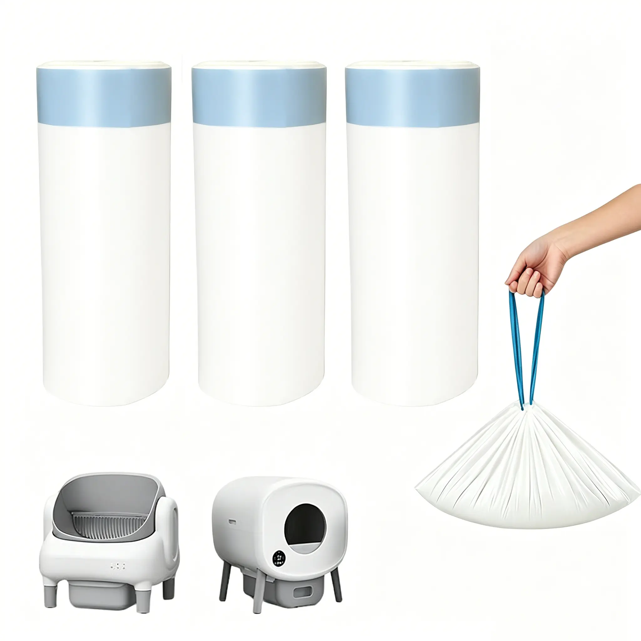 Self Cleaning Cat Litter Box Waste Drawer Bags - Heavy-Duty Drawstring Replacement Liners, Thick Leak-Resistant Automatic Scooping Waste Receptacle Refills, 60-Count Pack, Automatic Box Litter Waste Receptacle Refills, Pack Litter Waste Receptacle Refills