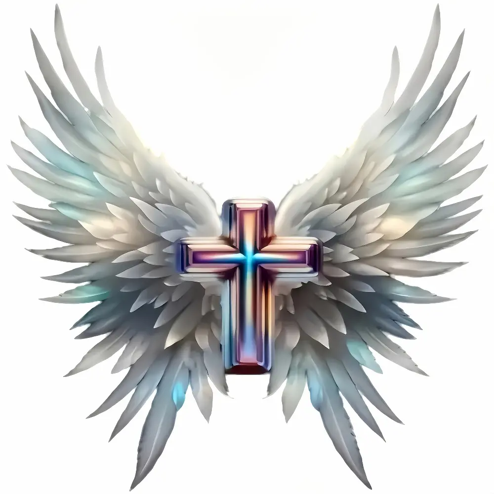 1PC Sacred Dreamy Feather Wing Cross Decor Sticker For Car Window, Car Stickers, Gradient Feather Wing + Rainbow Metal Cross Themed Decor Fills With Light Luxury Holy Gentle Cool Vibe Enhances Sacred Dreamy Recognition Fits Multiple Daily Trend Scenarios