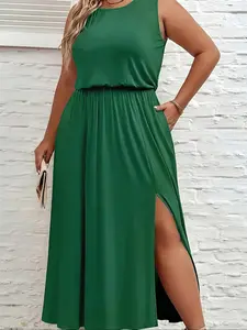 Plus Size Solid Split Thigh Wrap Tank Dress, Elegant Sleeveless Round Neck A Line Dress for Party Holiday Wedding Guest, Women's Plus Clothing for Summer