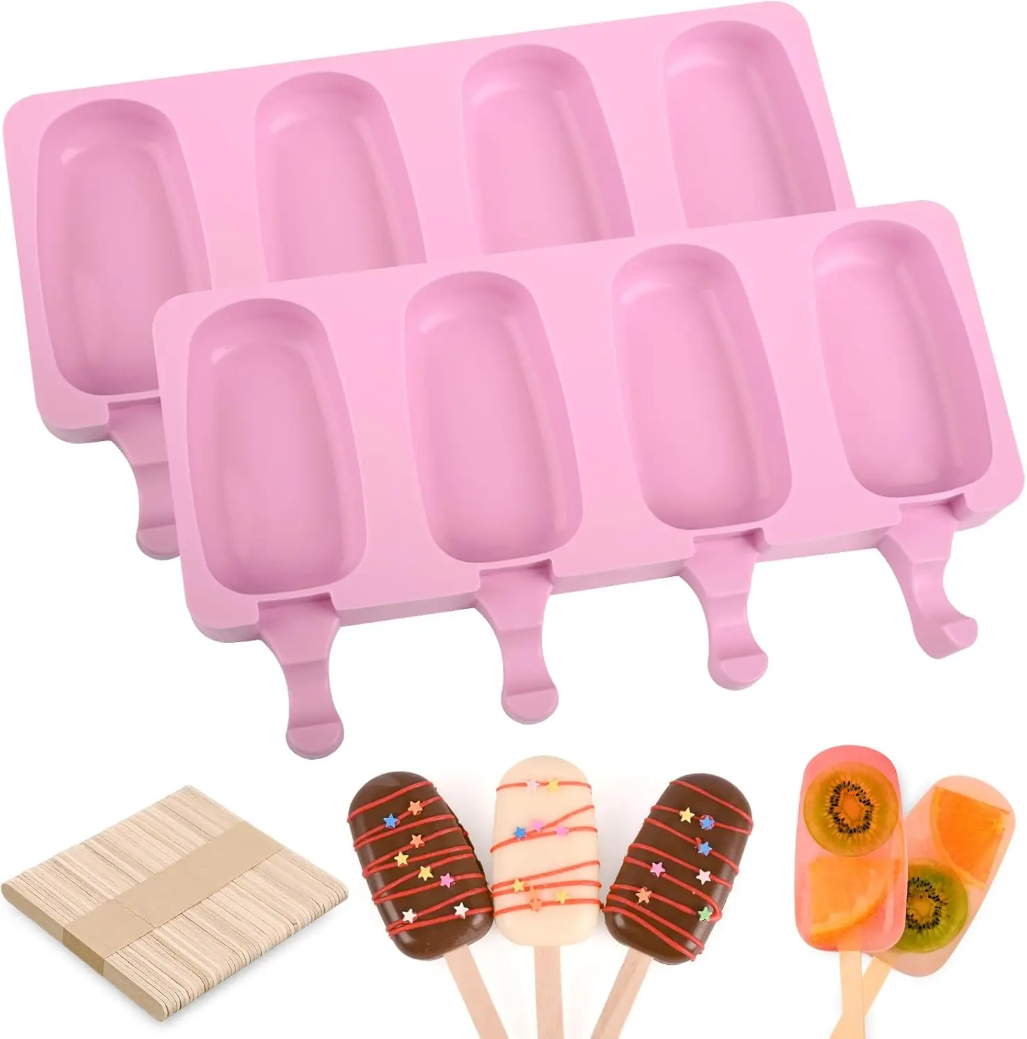 2Pcs Nonstick Silicone Popsicle Molds Set - with 50 Wooden Sticks (Pink), Smooth 100ml Single Cavities, Easy Release for Cake Pop, Cakesicles, Home Improvement Kitchen Use