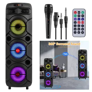 TWS Karaoke PA System Machine with Wired Microphone, Wireless Bluetooth Speaker with 3 x 8'' Subwoofer，DJ Lights, FM Radio Remote