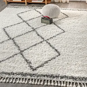 JONATHAN Y Mercer Shag Plush Tassel Moroccan Tribal Geometric Trellis Indoor Area Rug; for Living Room, Kitchen, Bedroom, Dining Room, Office