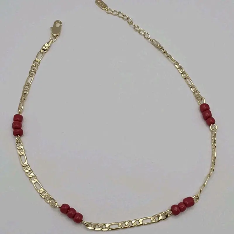 Ankle bracelet fashion style with red beads  protection figaro link 8 to 11 inches GOLD-PLATED Anklet