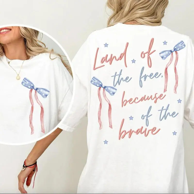 Women's Baggy Oversized Loose T-Shirt - Coquette American "Land Of The Free Because Of The Brave" Patriotic Casual Round Neck Streetwear Top with Soft Girly Bow, 4th of July Independence Day Gift, Sports & Outdoor Clothing, Tshirt