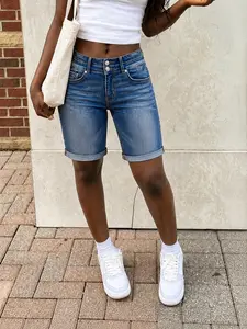 Women's Fashion Womenswear Stretchy Denim Bermuda Shorts, Knee-Length Cutoff, High-Rise, Roll Cuff, Self-Cultivating Fit