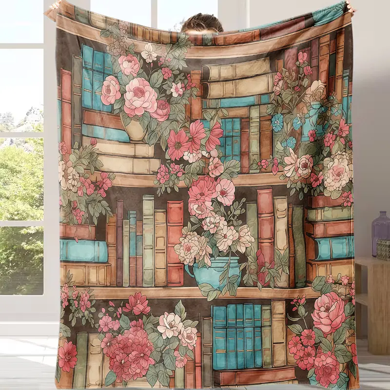 Vintage Book Floral Soft Plush Throw Blanket - Book Themed Shelf Design Blanket for Reading Nooks, Movie Nights, All-Season Use, Cute Gift for Couples