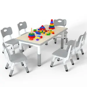 Kids Table and 6 Chairs Set，Height Adjustable Children Table & Chair，Toddlers Study Multi-Activity Table with 47.2"x23.6" Wipe-Clean Desktop，for Classrooms, Homes & Daycares,  Grey