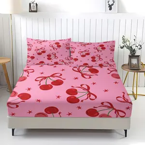 3-Piece Bow Cherry Pattern Fitted Sheet Set, Soft And Durable Bedding Set, Complete Set, Including 1 Piece Flat Sheet And 2 Pieces Pillowcases, Suitable For Children And Adults Daily Holiday Birthday Gifts Bedroom Decorations