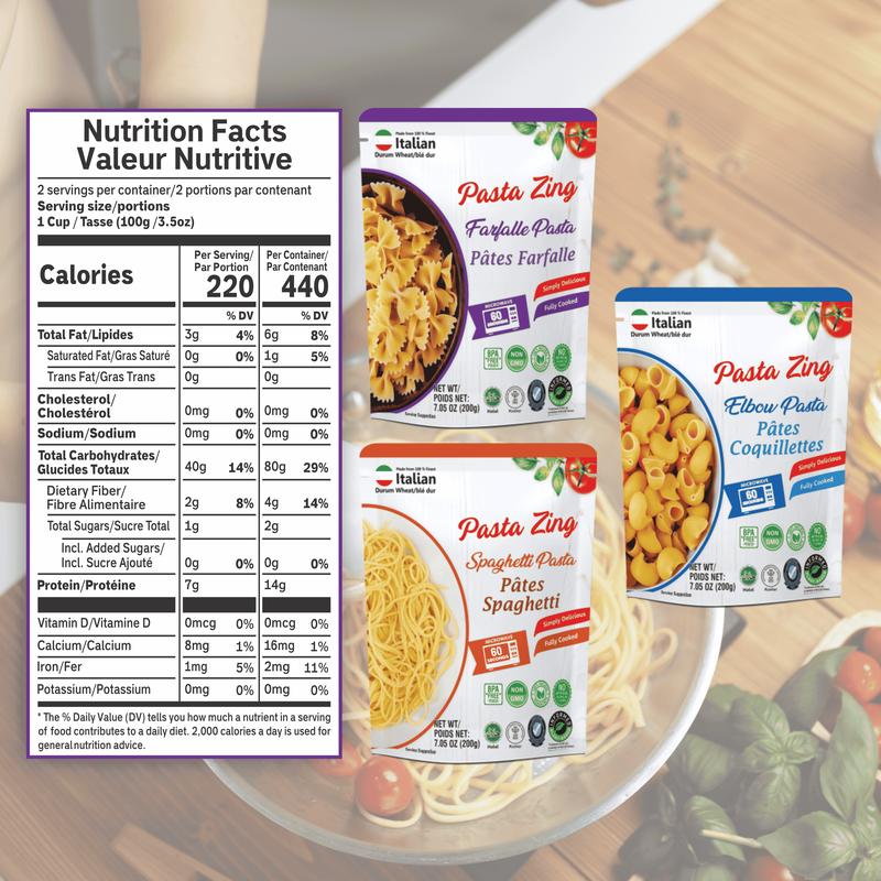 Pasta Zing Microwavable Variety Pasta Pack of 7 | 2x Elbow | 2x Farfalle | 3x Spaghetti