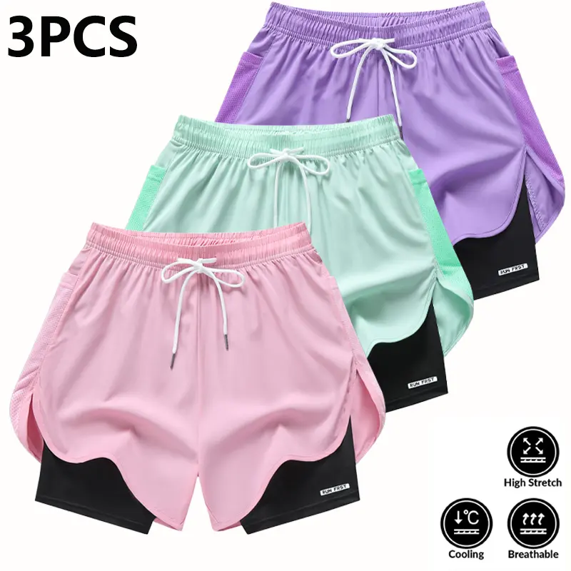 Women’s 3-Pack 2-in-1 3-in Elastic Stretch Elastane Running Shorts, Quick Dry Lightweight Breathable Athletic Shorts with Built-in Liner, Multi-Color for Track Running, Gym Fitness, 2 In 1 Shorts