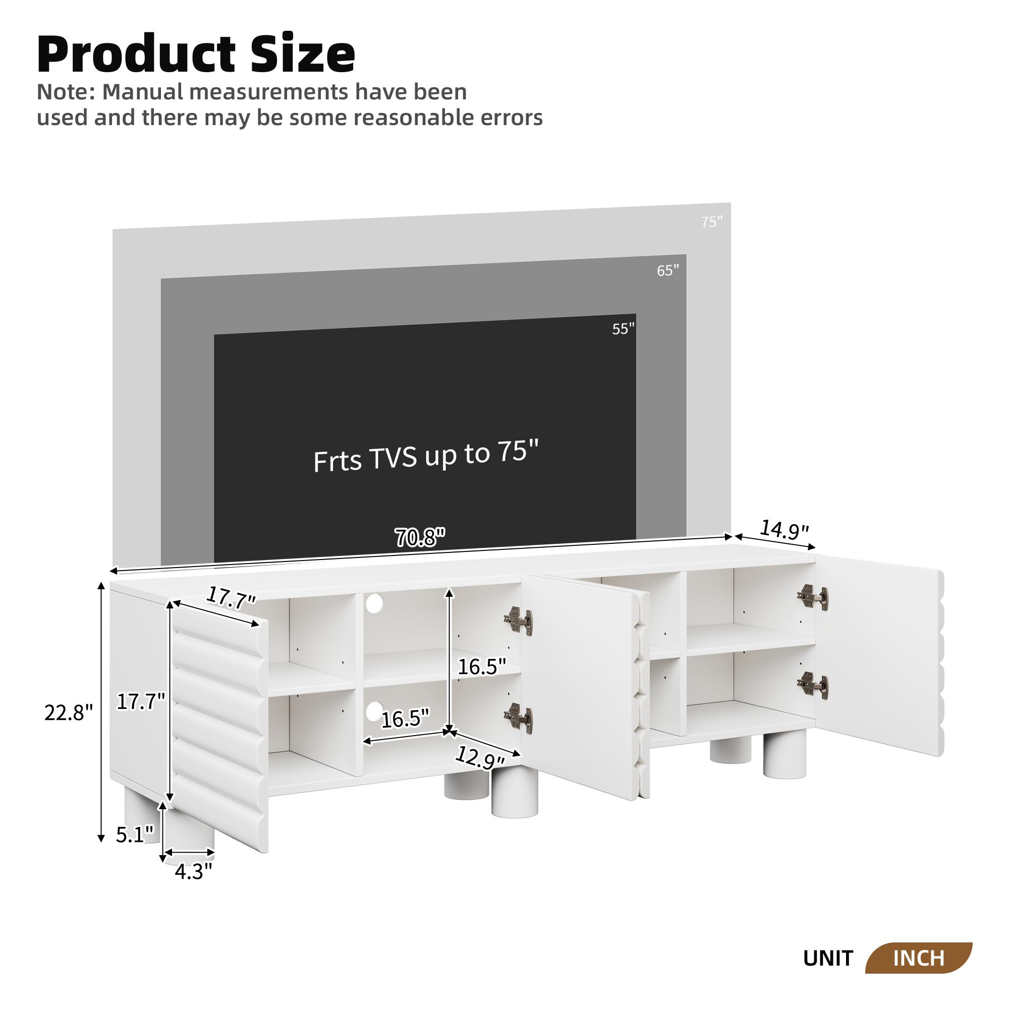 Modern Farmhouse MDF Wood Rectangular TV Stand - Cream White Single Unit for 75" TV, Wavy Door Media Console with Adjustable Shelves, 8 Cable Holes, Cylindrical Legs, Living Room Storage, Requires Assembly