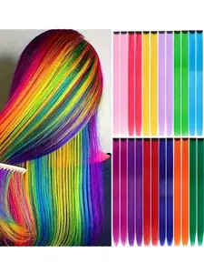 24 pcs/pack 20 inch Synthetic Hair Extensions Clip, Synthetic Hairpieces, Pink Purple Red Blue Multi-Color, Fashionable for Daily Party Holiday Carnival Wear