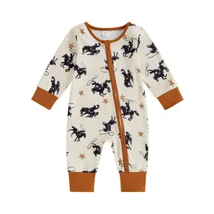 Western Baby Girl Boy Clothes Long Sleeve Cow Print Romper Zipper Bodysuit Jumpsuit  Fall Winter Outfit