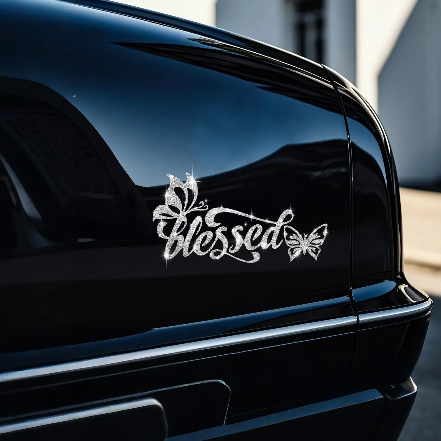 1pc/2pcs Glitter Butterfly Vinyl Sticker with Letter Print, Self-Adhesive Shiny Decal for Cars Trucks Laptops, Unique Asymmetrical Design, Car Stickers, Sticker Decals