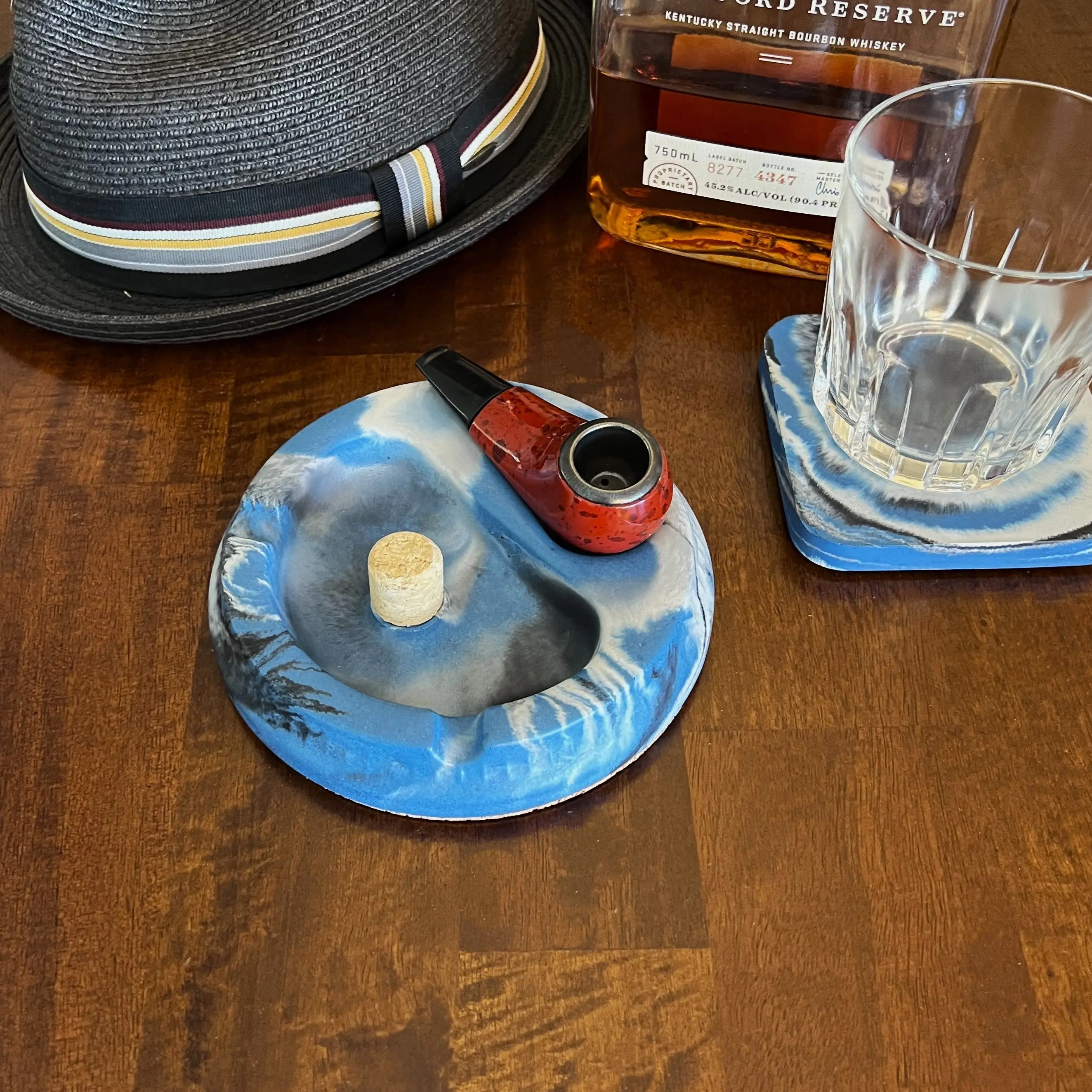 Blue Marbled Concrete Pipe Ashtray with Cork Knocker