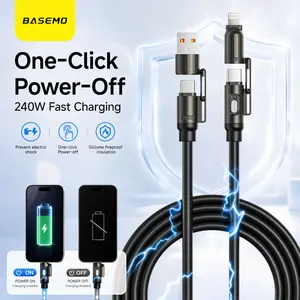 Basemo 4-in-1 Tap to Power Off Smart Charging Cable | 240W Super Fast Charging Multi Cord USB A/USB-C/Lightning | Fireproof Bendable Silicone TPE Prevent Overcharge Safe Phone Charger Cord for iPhone Samsung Android Laptop, Free Leather Storage Pouch