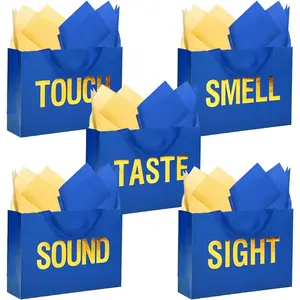 Large 5 Senses  Bags for Him Her,  Foil Sight Smell  Taste Sound  Bags,Five Senses  Bag for Him with Handles and Tissue Paper for Birthday, Mothers Day, Anniversary, Christmas 12.6 x 8.7 x 4 Inch (Blue)